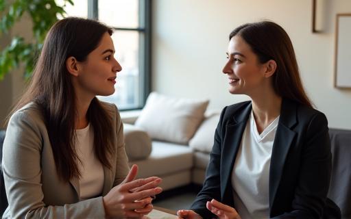 A clinician in a calm office talking with a patient.